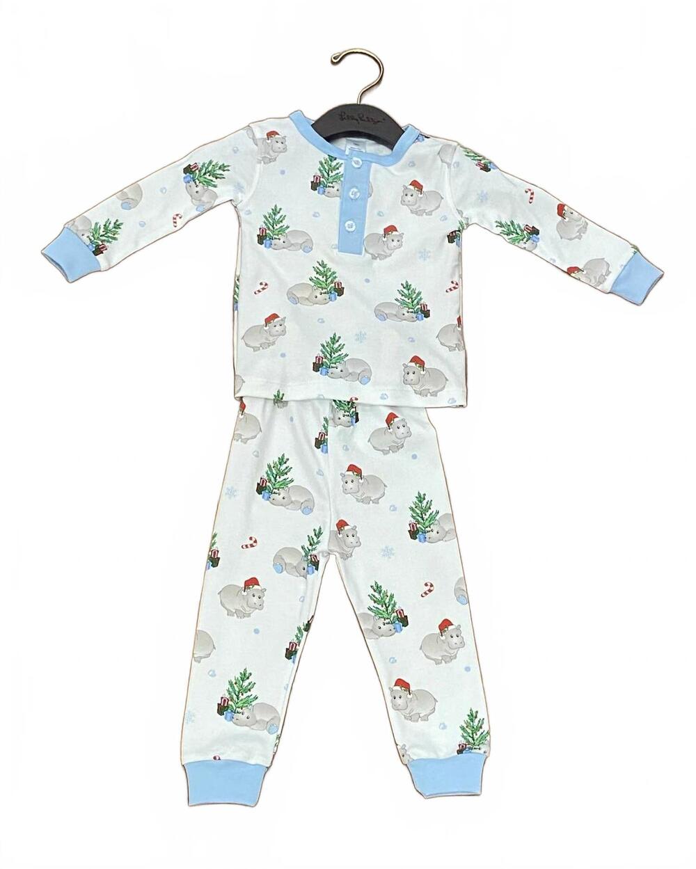 NEW LULU BEBE boy's pima hippo long sleeve two piece pajama set in white multi